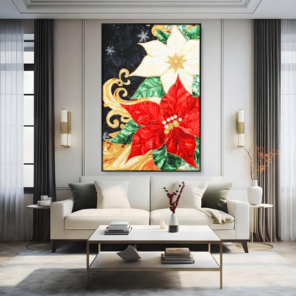 Leinwand Wandkunst Canvas Premium LuxCanva® D1026, Weihnachtsarrangement, Blumen, Weihnachten, Rot, Weiß, Dekor, Wohnzimmer, Lebendige Farben