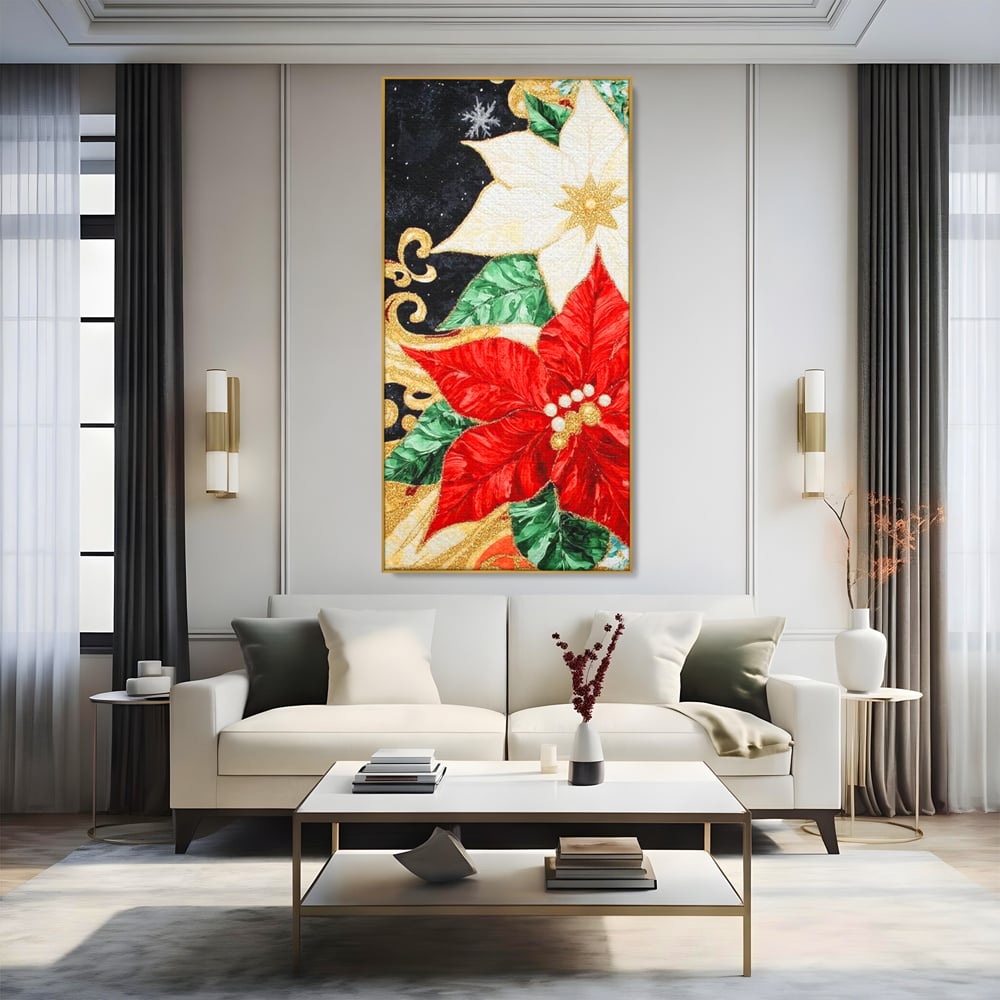 Leinwand Wandkunst Canvas Premium LuxCanva® D1026, Weihnachtsarrangement, Blumen, Weihnachten, Rot, Weiß, Dekor, Wohnzimmer, Lebendige Farben