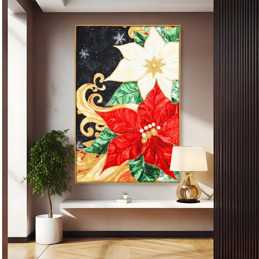 Leinwand Wandkunst Canvas Premium LuxCanva® D1026, Weihnachtsarrangement, Blumen, Weihnachten, Rot, Weiß, Dekor, Wohnzimmer, Lebendige Farben