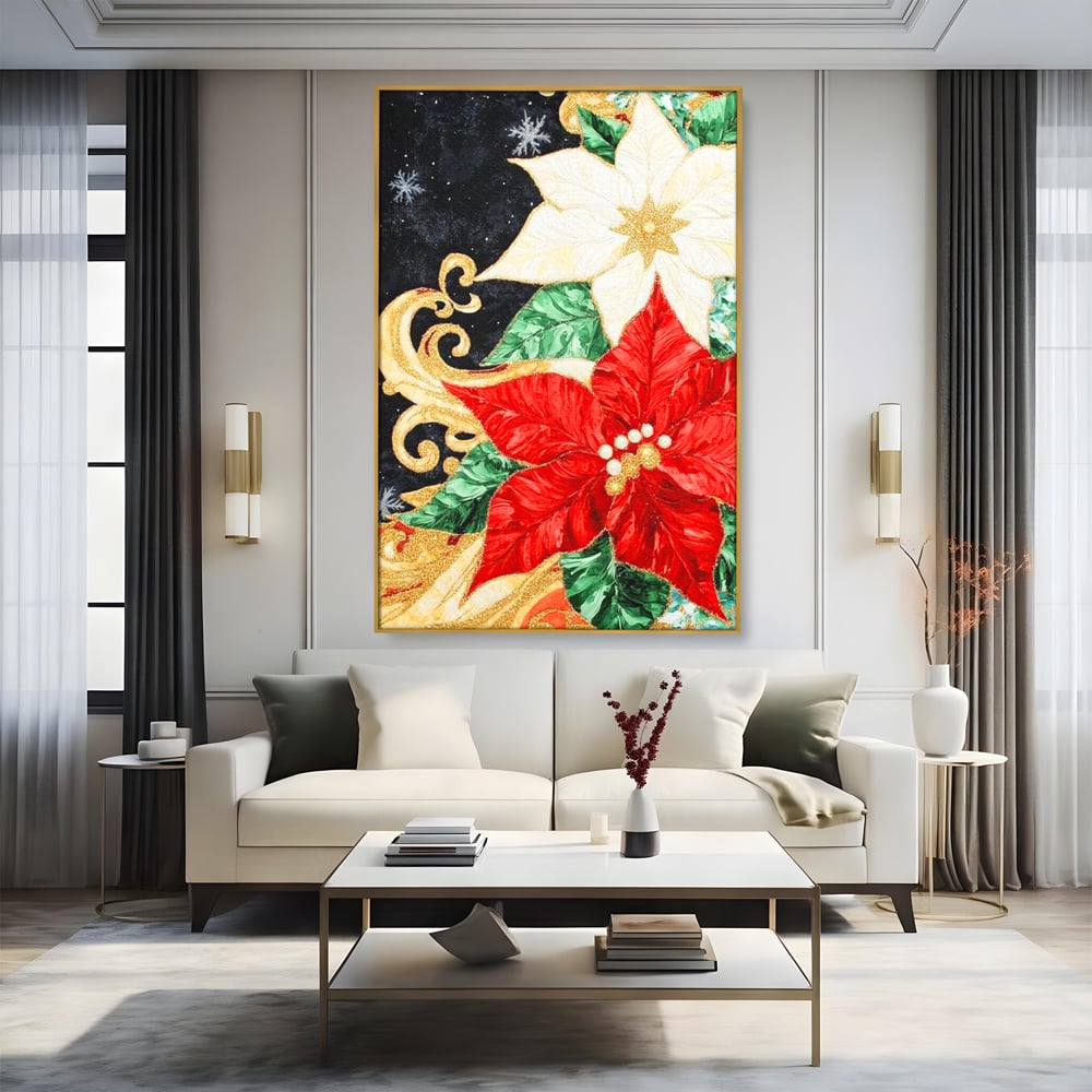 Leinwand Wandkunst Canvas Premium LuxCanva® D1026, Weihnachtsarrangement, Blumen, Weihnachten, Rot, Weiß, Dekor, Wohnzimmer, Lebendige Farben
