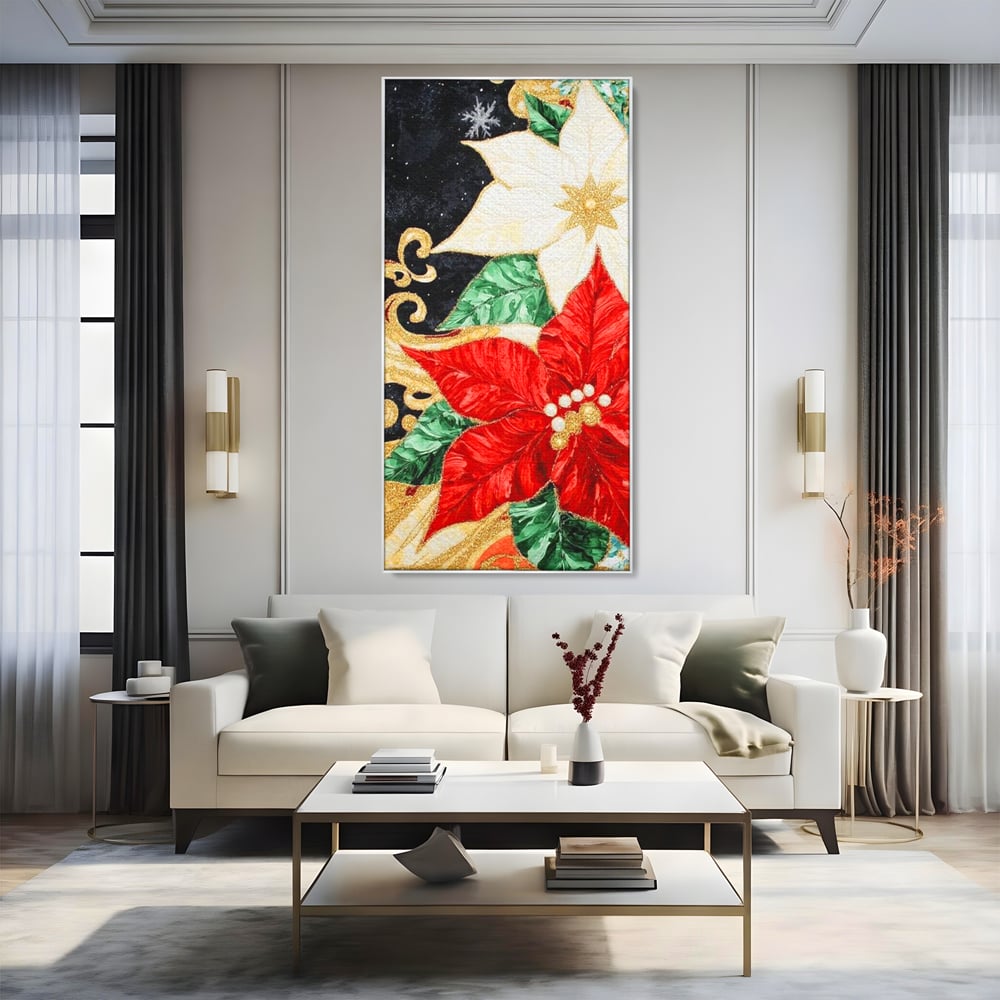 Leinwand Wandkunst Canvas Premium LuxCanva® D1026, Weihnachtsarrangement, Blumen, Weihnachten, Rot, Weiß, Dekor, Wohnzimmer, Lebendige Farben