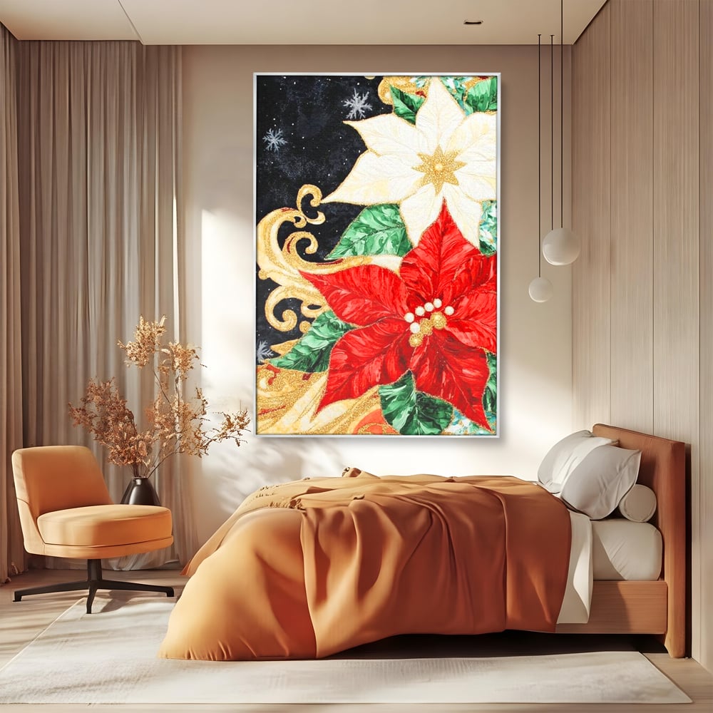 Leinwand Wandkunst Canvas Premium LuxCanva® D1026, Weihnachtsarrangement, Blumen, Weihnachten, Rot, Weiß, Dekor, Wohnzimmer, Lebendige Farben