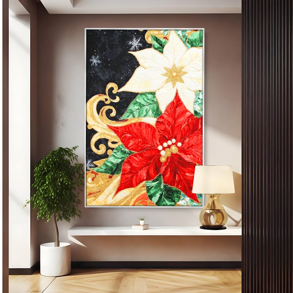 Leinwand Wandkunst Canvas Premium LuxCanva® D1026, Weihnachtsarrangement, Blumen, Weihnachten, Rot, Weiß, Dekor, Wohnzimmer, Lebendige Farben