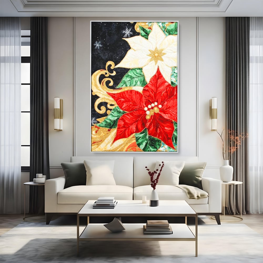 Leinwand Wandkunst Canvas Premium LuxCanva® D1026, Weihnachtsarrangement, Blumen, Weihnachten, Rot, Weiß, Dekor, Wohnzimmer, Lebendige Farben