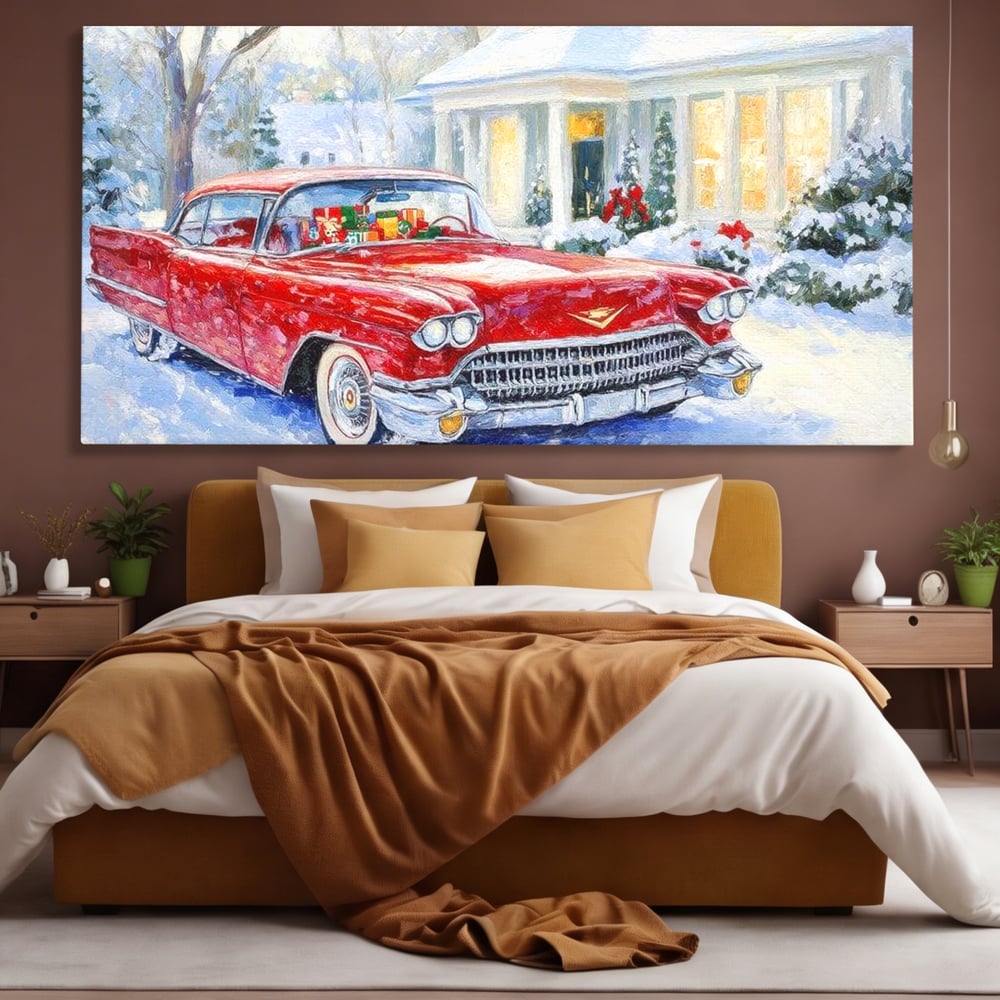 Tablou Canvas Premium LuxCanva® D1027, Masina vintage a Mosului , Pontiac, Masina, Rosie, Iarna, Daruri, Living Room, Culori vibrante