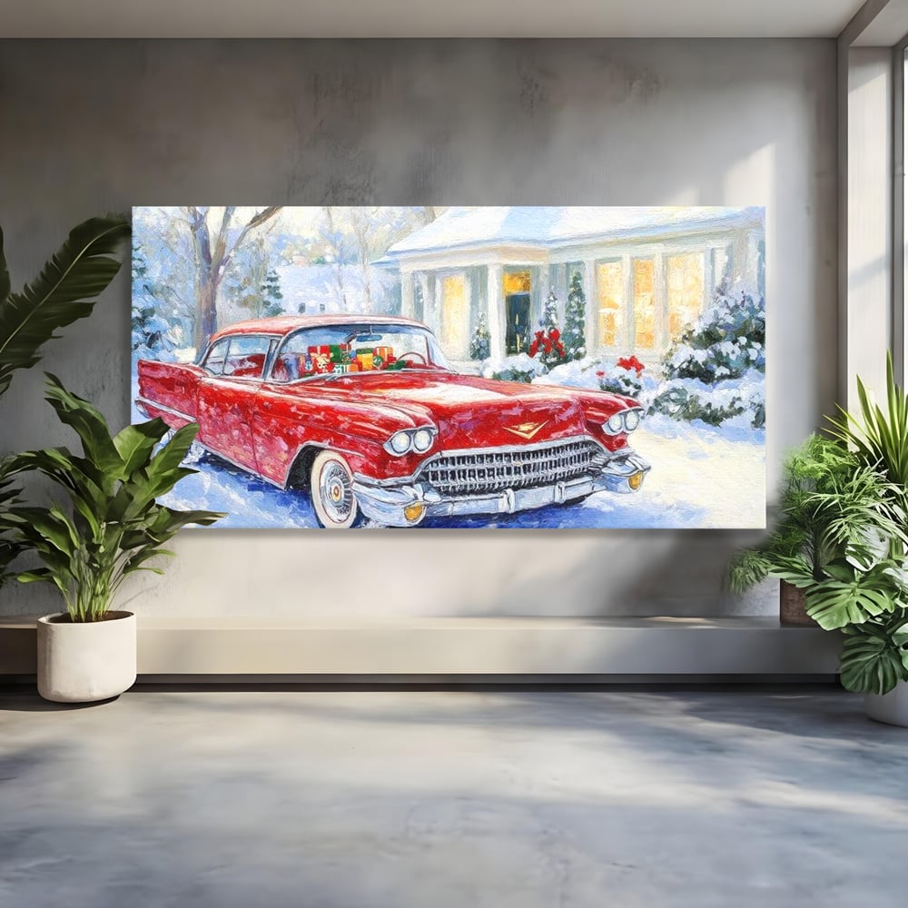 Tablou Canvas Premium LuxCanva® D1027, Masina vintage a Mosului , Pontiac, Masina, Rosie, Iarna, Daruri, Living Room, Culori vibrante