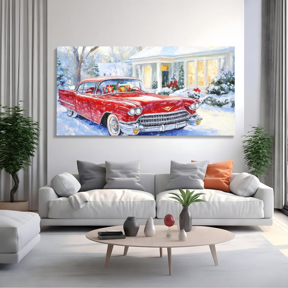 Tablou Canvas Premium LuxCanva® D1027, Masina vintage a Mosului , Pontiac, Masina, Rosie, Iarna, Daruri, Living Room, Culori vibrante