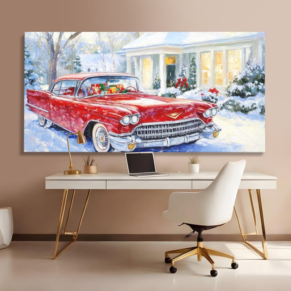 Tablou Canvas Premium LuxCanva® D1027, Masina vintage a Mosului , Pontiac, Masina, Rosie, Iarna, Daruri, Living Room, Culori vibrante