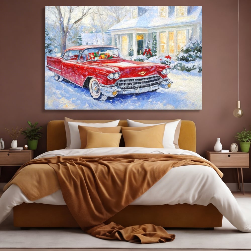 Tablou Canvas Premium LuxCanva® D1027, Masina vintage a Mosului , Pontiac, Masina, Rosie, Iarna, Daruri, Living Room, Culori vibrante