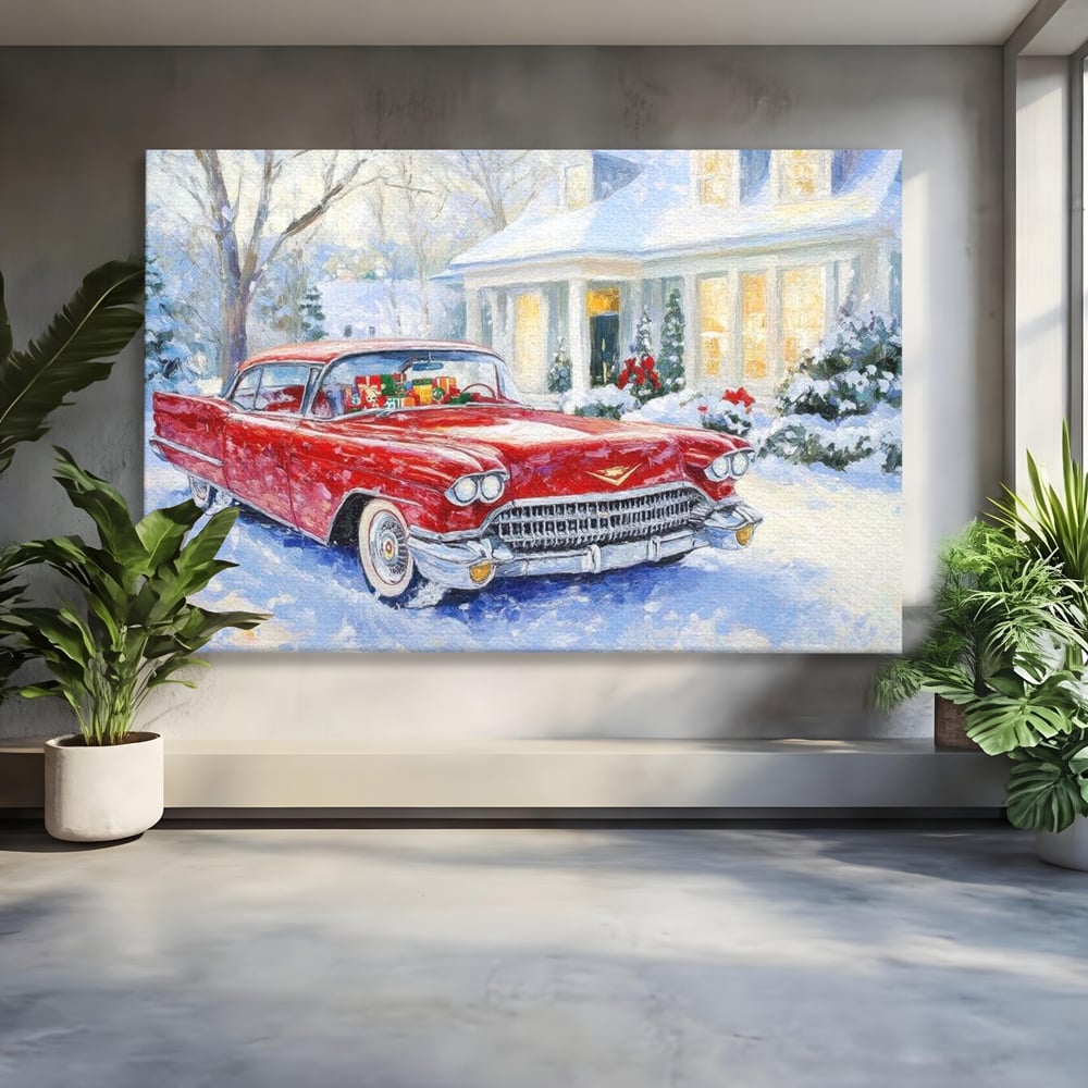 Tablou Canvas Premium LuxCanva® D1027, Masina vintage a Mosului , Pontiac, Masina, Rosie, Iarna, Daruri, Living Room, Culori vibrante