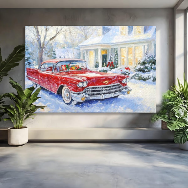 Tablou Canvas Premium LuxCanva® D1027, Masina vintage a Mosului , Pontiac, Masina, Rosie, Iarna, Daruri, Living Room, Culori vibrante