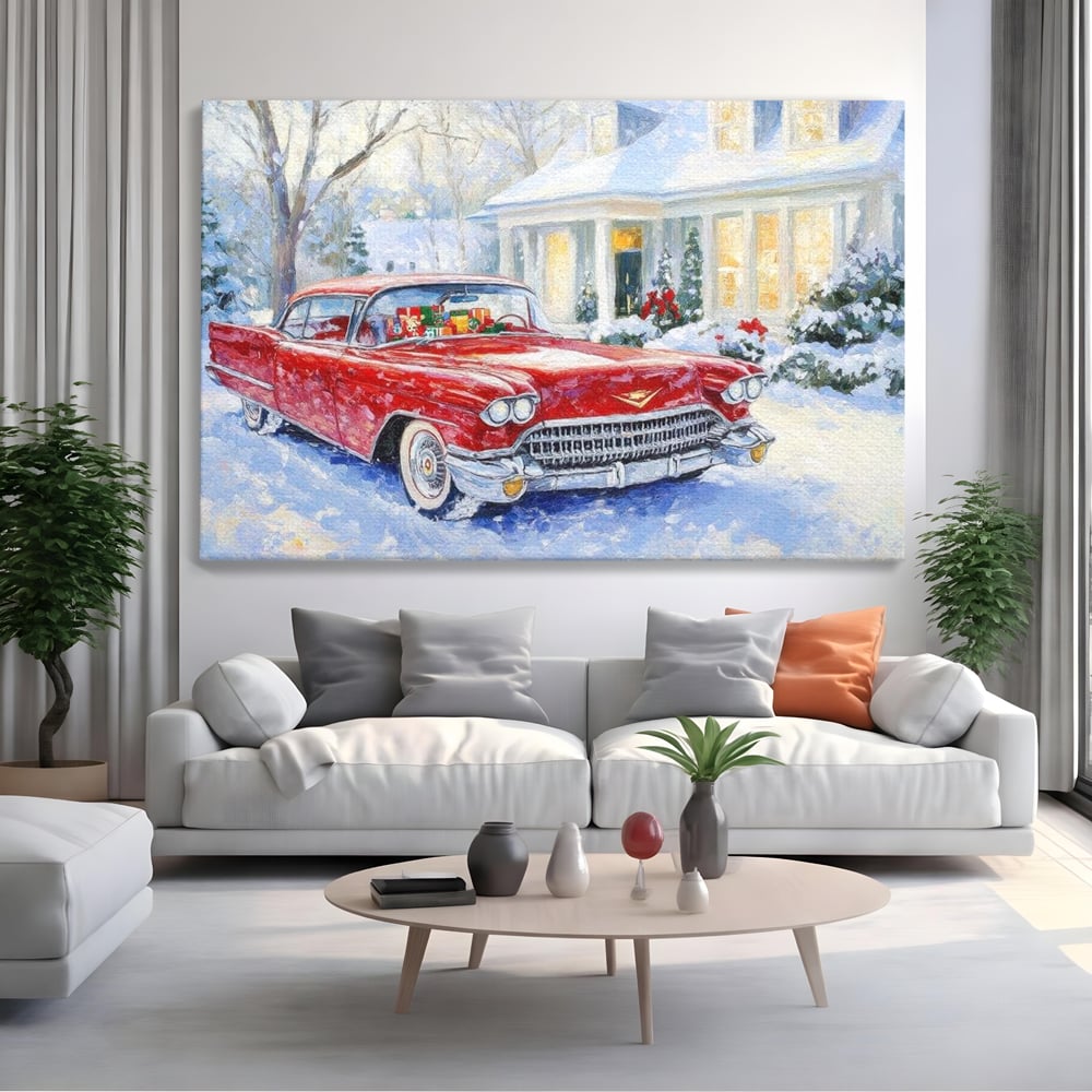 Tablou Canvas Premium LuxCanva® D1027, Masina vintage a Mosului , Pontiac, Masina, Rosie, Iarna, Daruri, Living Room, Culori vibrante