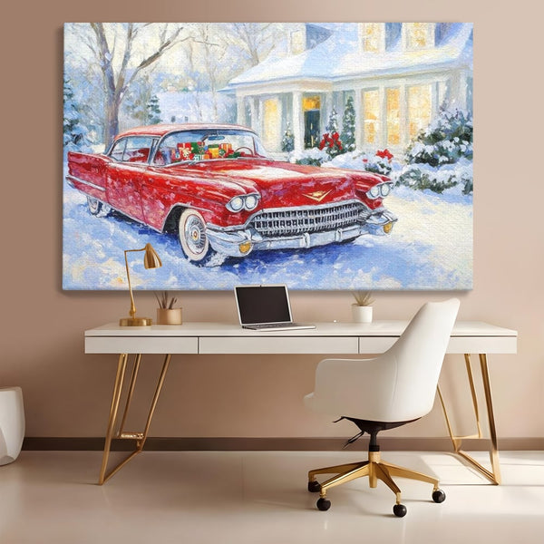 Tablou Canvas Premium LuxCanva® D1027, Masina vintage a Mosului , Pontiac, Masina, Rosie, Iarna, Daruri, Living Room, Culori vibrante