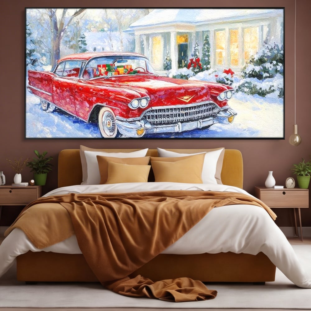 Tablou Canvas Premium LuxCanva® D1027, Masina vintage a Mosului , Pontiac, Masina, Rosie, Iarna, Daruri, Living Room, Culori vibrante