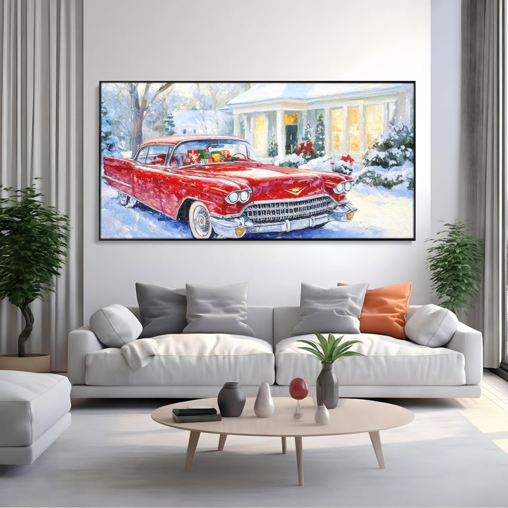 Tablou Canvas Premium LuxCanva® D1027, Masina vintage a Mosului , Pontiac, Masina, Rosie, Iarna, Daruri, Living Room, Culori vibrante