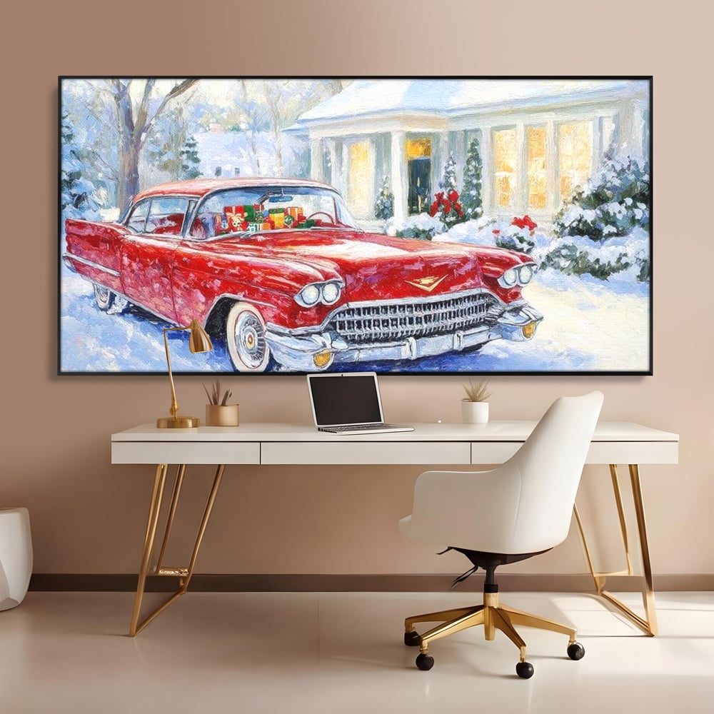 Tablou Canvas Premium LuxCanva® D1027, Masina vintage a Mosului , Pontiac, Masina, Rosie, Iarna, Daruri, Living Room, Culori vibrante