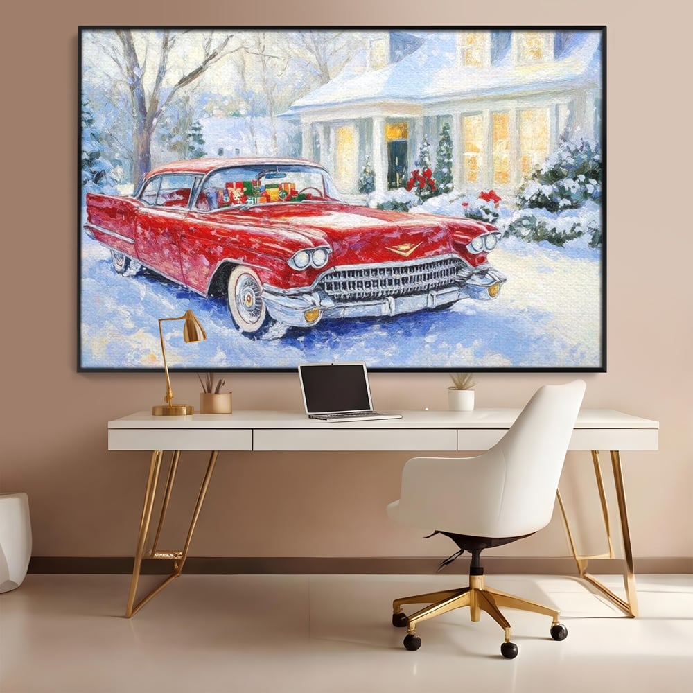 Tablou Canvas Premium LuxCanva® D1027, Masina vintage a Mosului , Pontiac, Masina, Rosie, Iarna, Daruri, Living Room, Culori vibrante