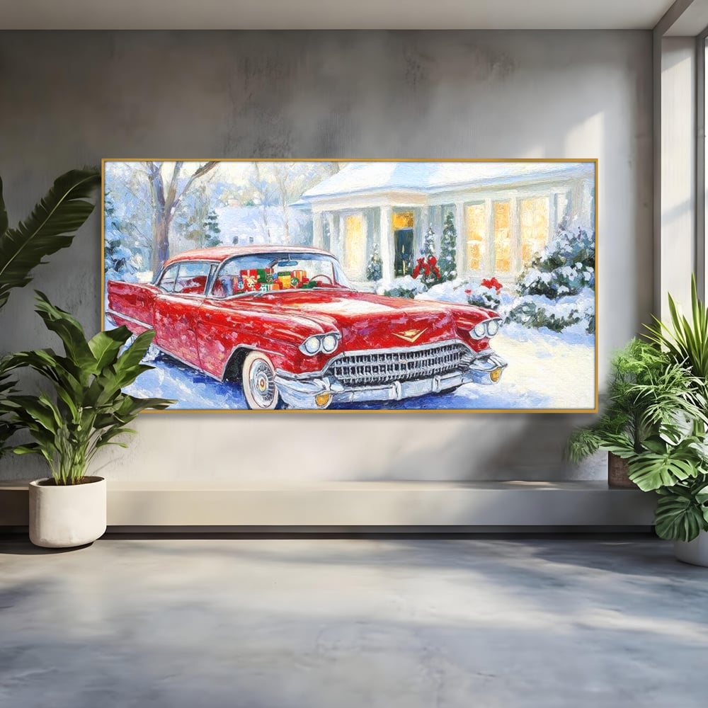 Tablou Canvas Premium LuxCanva® D1027, Masina vintage a Mosului , Pontiac, Masina, Rosie, Iarna, Daruri, Living Room, Culori vibrante