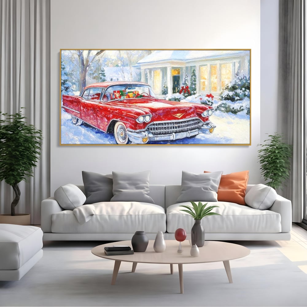Tablou Canvas Premium LuxCanva® D1027, Masina vintage a Mosului , Pontiac, Masina, Rosie, Iarna, Daruri, Living Room, Culori vibrante