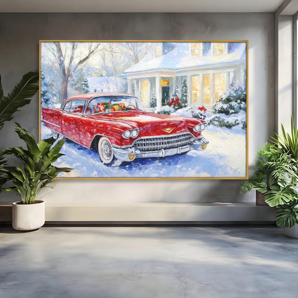Tablou Canvas Premium LuxCanva® D1027, Masina vintage a Mosului , Pontiac, Masina, Rosie, Iarna, Daruri, Living Room, Culori vibrante