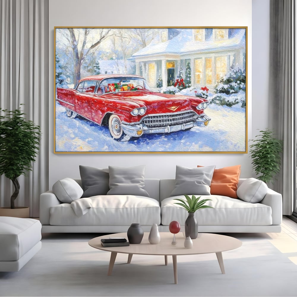 Tablou Canvas Premium LuxCanva® D1027, Masina vintage a Mosului , Pontiac, Masina, Rosie, Iarna, Daruri, Living Room, Culori vibrante