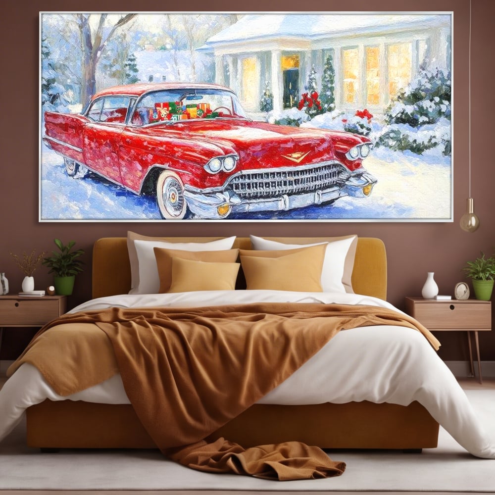 Tablou Canvas Premium LuxCanva® D1027, Masina vintage a Mosului , Pontiac, Masina, Rosie, Iarna, Daruri, Living Room, Culori vibrante
