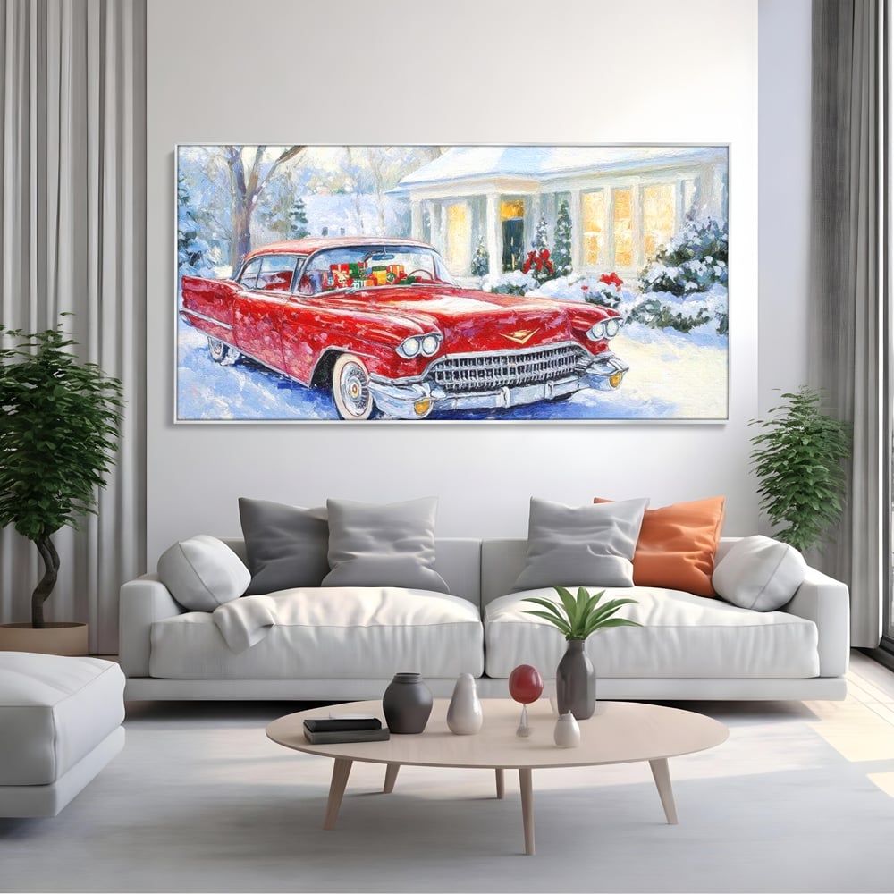 Tablou Canvas Premium LuxCanva® D1027, Masina vintage a Mosului , Pontiac, Masina, Rosie, Iarna, Daruri, Living Room, Culori vibrante