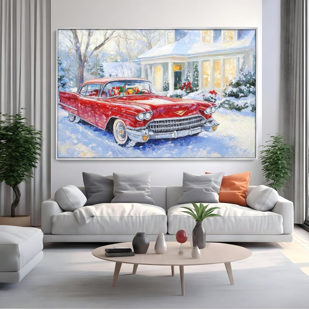 Tablou Canvas Premium LuxCanva® D1027, Masina vintage a Mosului , Pontiac, Masina, Rosie, Iarna, Daruri, Living Room, Culori vibrante