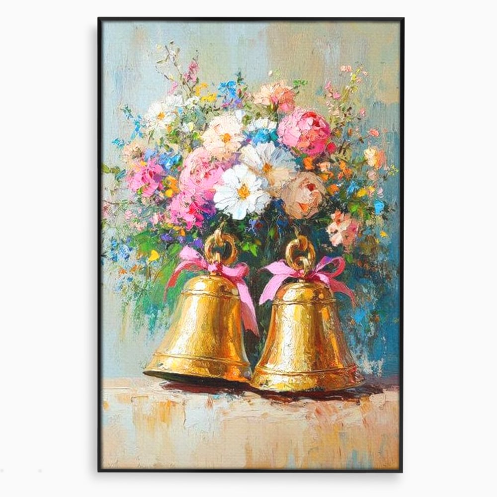 Tablou Canvas Premium LuxCanva® D1028, Clopotei Inflorati , Bujori, Clopotei, Aurii, Decoratiuni, Buchet, Living Room, Culori vibrante