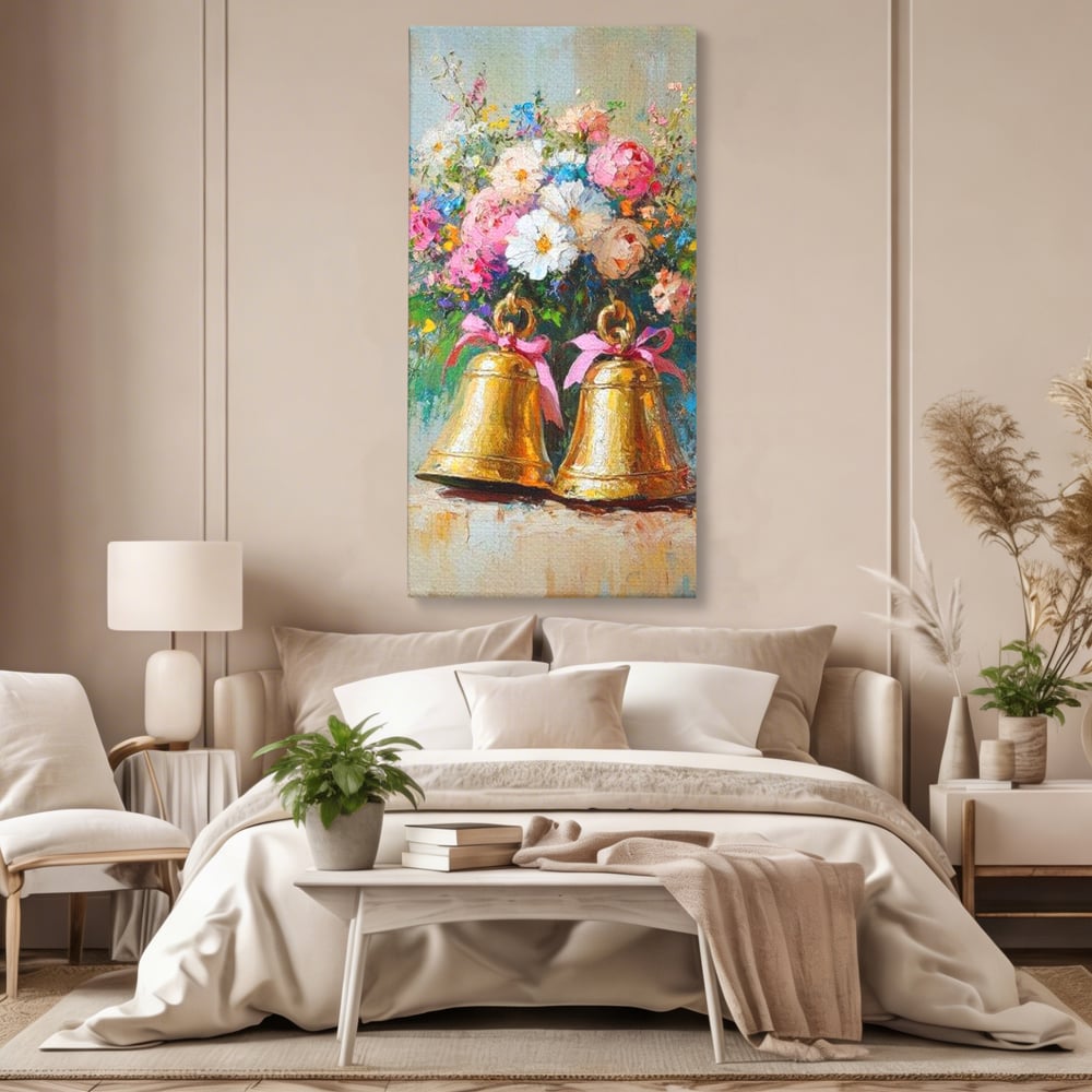 Tablou Canvas Premium LuxCanva® D1028, Clopotei Inflorati , Bujori, Clopotei, Aurii, Decoratiuni, Buchet, Living Room, Culori vibrante