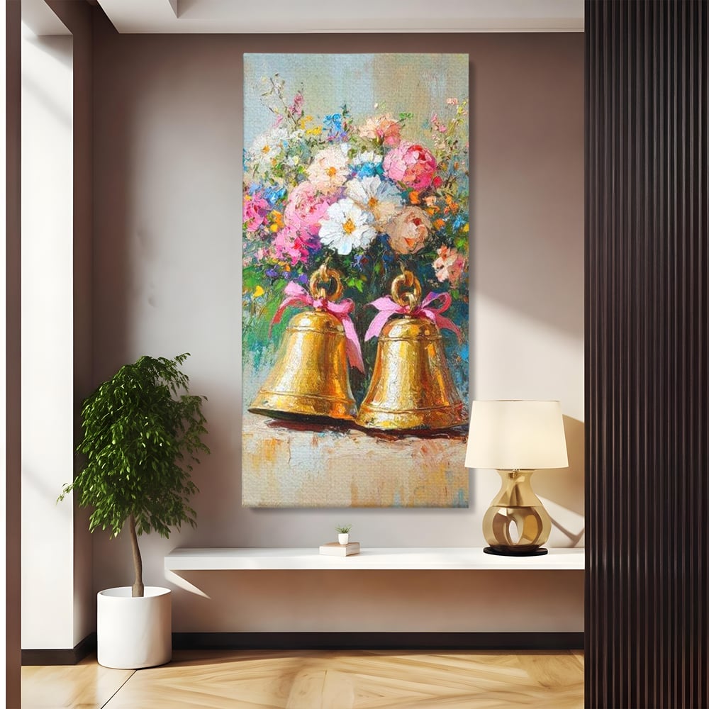 Tablou Canvas Premium LuxCanva® D1028, Clopotei Inflorati , Bujori, Clopotei, Aurii, Decoratiuni, Buchet, Living Room, Culori vibrante