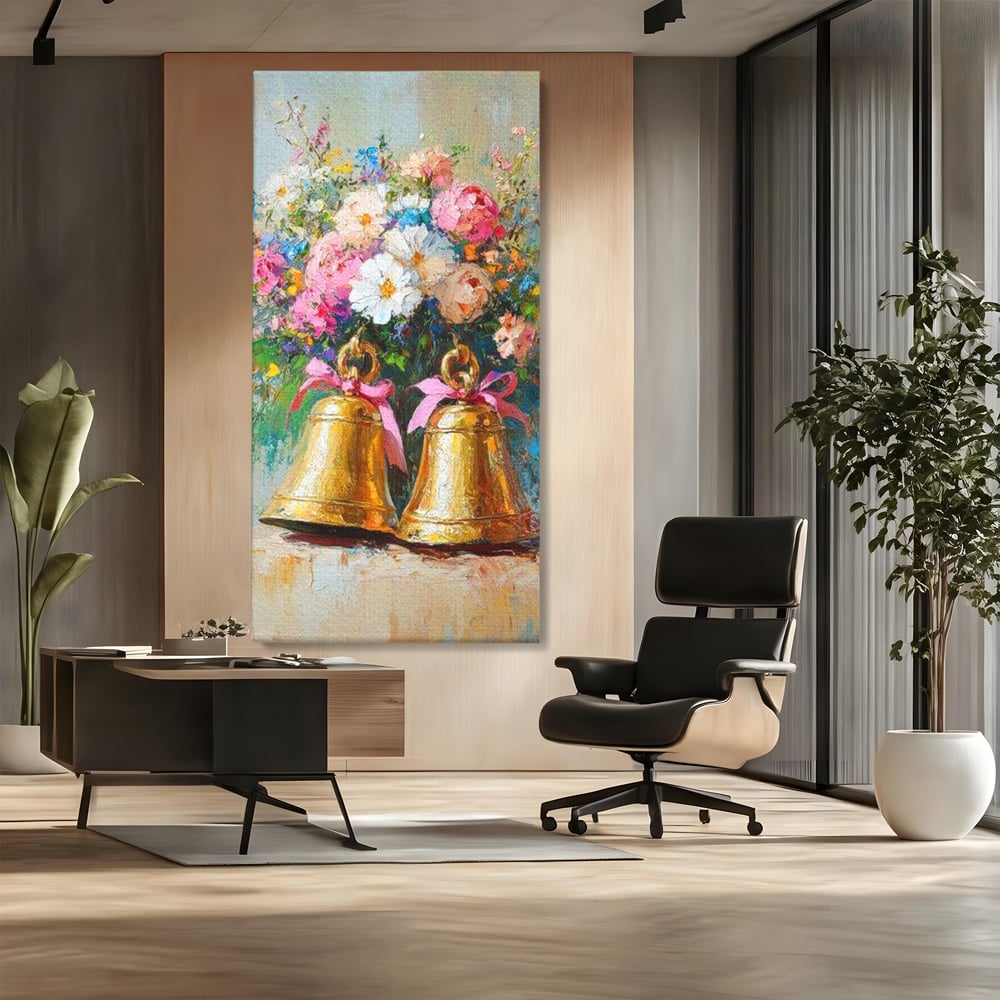 Tablou Canvas Premium LuxCanva® D1028, Clopotei Inflorati , Bujori, Clopotei, Aurii, Decoratiuni, Buchet, Living Room, Culori vibrante