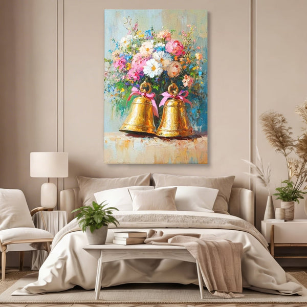 Tablou Canvas Premium LuxCanva® D1028, Clopotei Inflorati , Bujori, Clopotei, Aurii, Decoratiuni, Buchet, Living Room, Culori vibrante