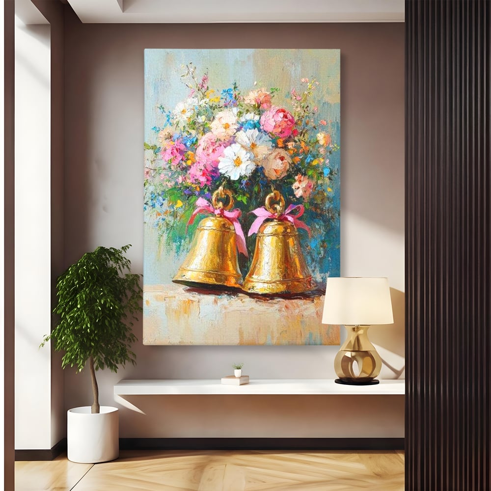 Tablou Canvas Premium LuxCanva® D1028, Clopotei Inflorati , Bujori, Clopotei, Aurii, Decoratiuni, Buchet, Living Room, Culori vibrante