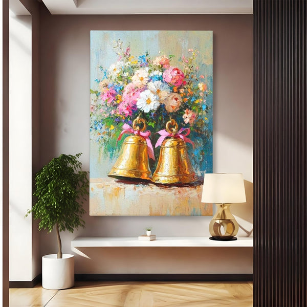 Tablou Canvas Premium LuxCanva® D1028, Clopotei Inflorati , Bujori, Clopotei, Aurii, Decoratiuni, Buchet, Living Room, Culori vibrante