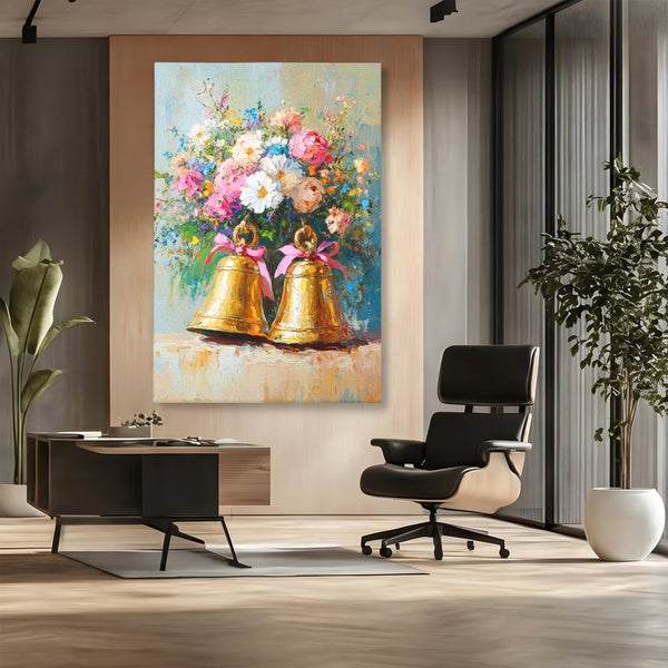 Tablou Canvas Premium LuxCanva® D1028, Clopotei Inflorati , Bujori, Clopotei, Aurii, Decoratiuni, Buchet, Living Room, Culori vibrante