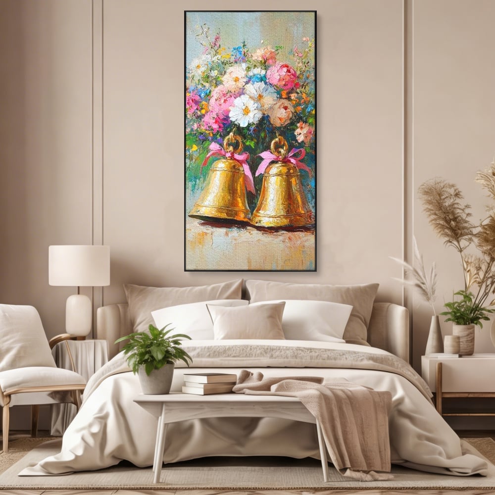 Tablou Canvas Premium LuxCanva® D1028, Clopotei Inflorati , Bujori, Clopotei, Aurii, Decoratiuni, Buchet, Living Room, Culori vibrante