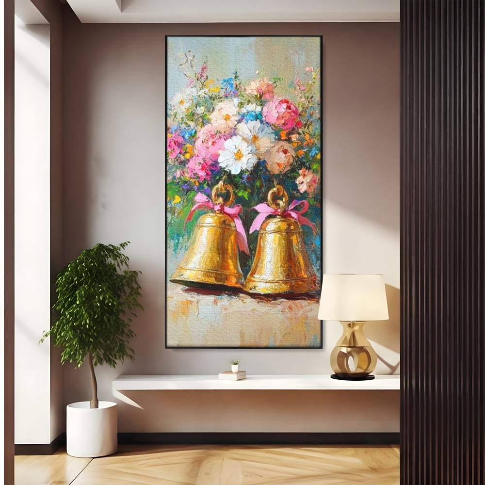 Tablou Canvas Premium LuxCanva® D1028, Clopotei Inflorati , Bujori, Clopotei, Aurii, Decoratiuni, Buchet, Living Room, Culori vibrante