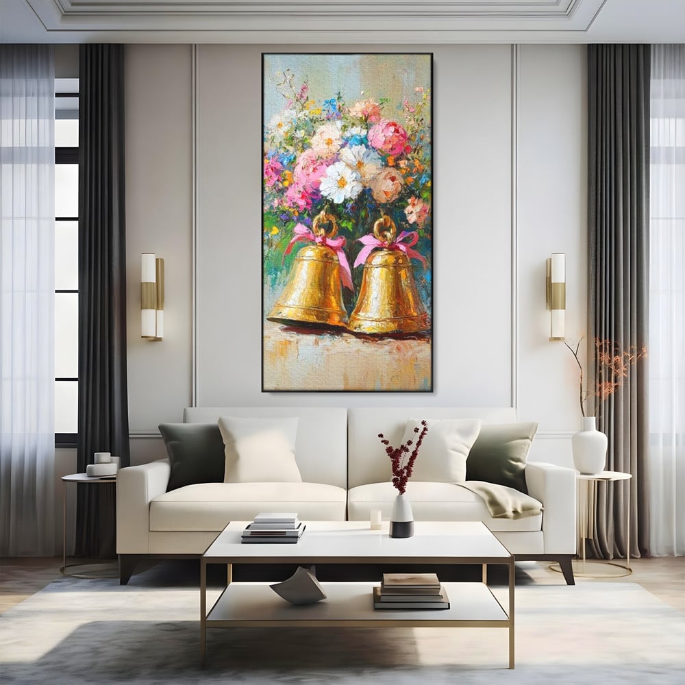 Tablou Canvas Premium LuxCanva® D1028, Clopotei Inflorati , Bujori, Clopotei, Aurii, Decoratiuni, Buchet, Living Room, Culori vibrante