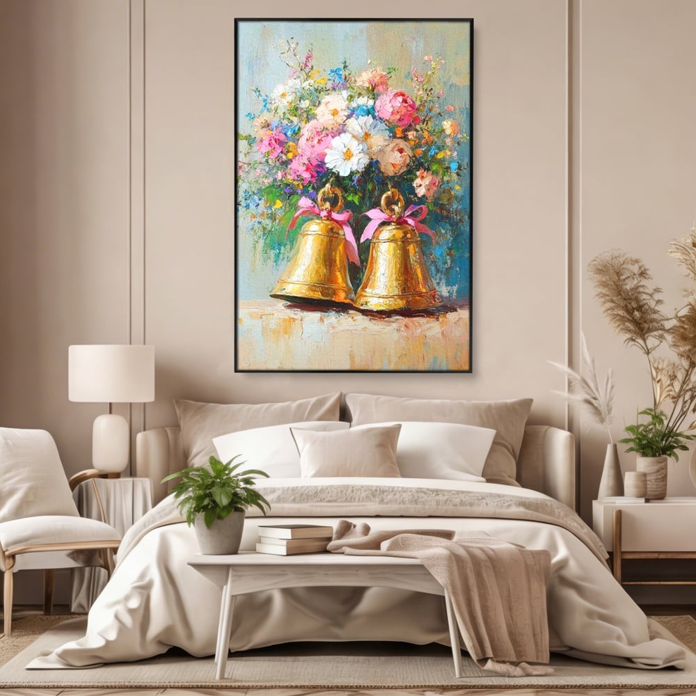 Tablou Canvas Premium LuxCanva® D1028, Clopotei Inflorati , Bujori, Clopotei, Aurii, Decoratiuni, Buchet, Living Room, Culori vibrante