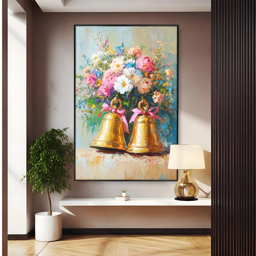 Tablou Canvas Premium LuxCanva® D1028, Clopotei Inflorati , Bujori, Clopotei, Aurii, Decoratiuni, Buchet, Living Room, Culori vibrante