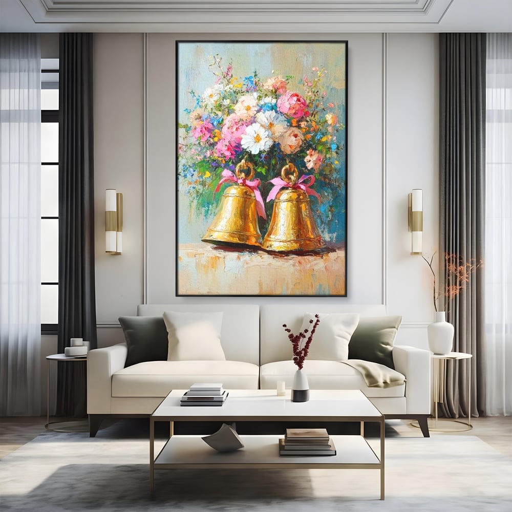 Tablou Canvas Premium LuxCanva® D1028, Clopotei Inflorati , Bujori, Clopotei, Aurii, Decoratiuni, Buchet, Living Room, Culori vibrante