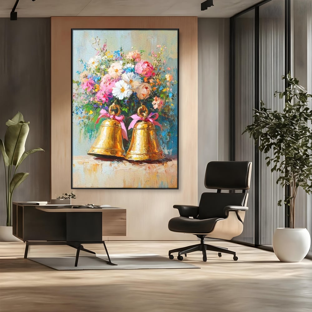 Tablou Canvas Premium LuxCanva® D1028, Clopotei Inflorati , Bujori, Clopotei, Aurii, Decoratiuni, Buchet, Living Room, Culori vibrante