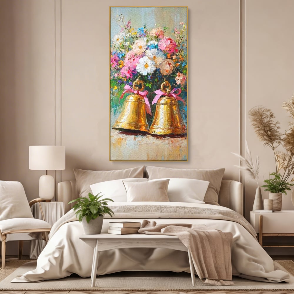 Tablou Canvas Premium LuxCanva® D1028, Clopotei Inflorati , Bujori, Clopotei, Aurii, Decoratiuni, Buchet, Living Room, Culori vibrante