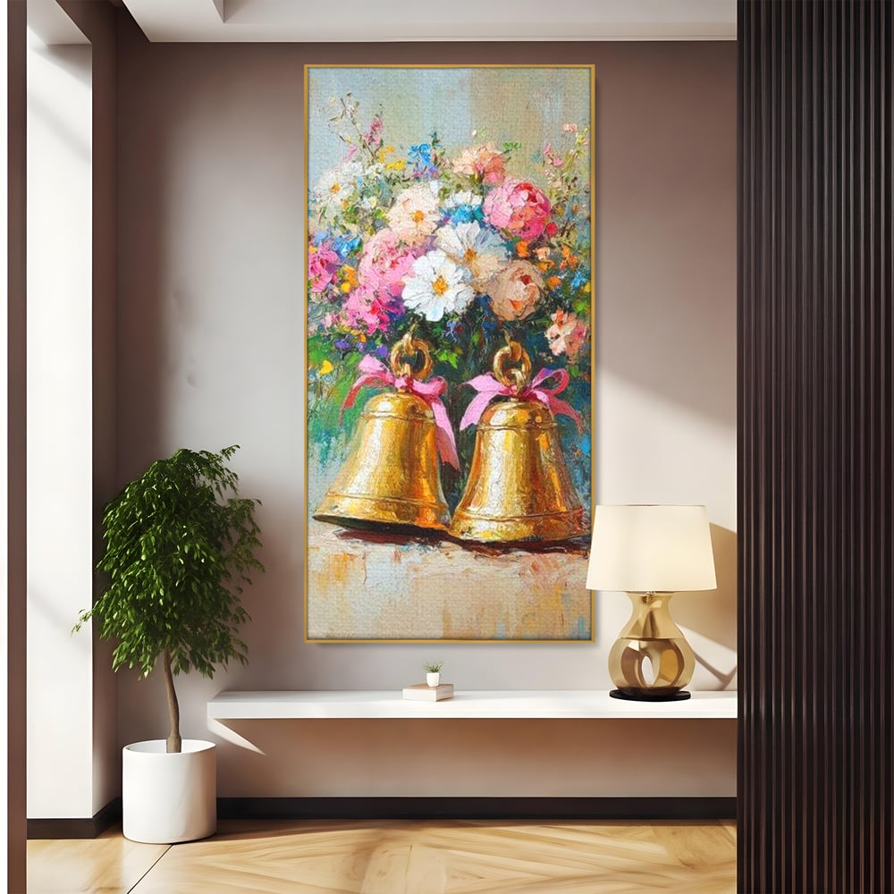 Tablou Canvas Premium LuxCanva® D1028, Clopotei Inflorati , Bujori, Clopotei, Aurii, Decoratiuni, Buchet, Living Room, Culori vibrante