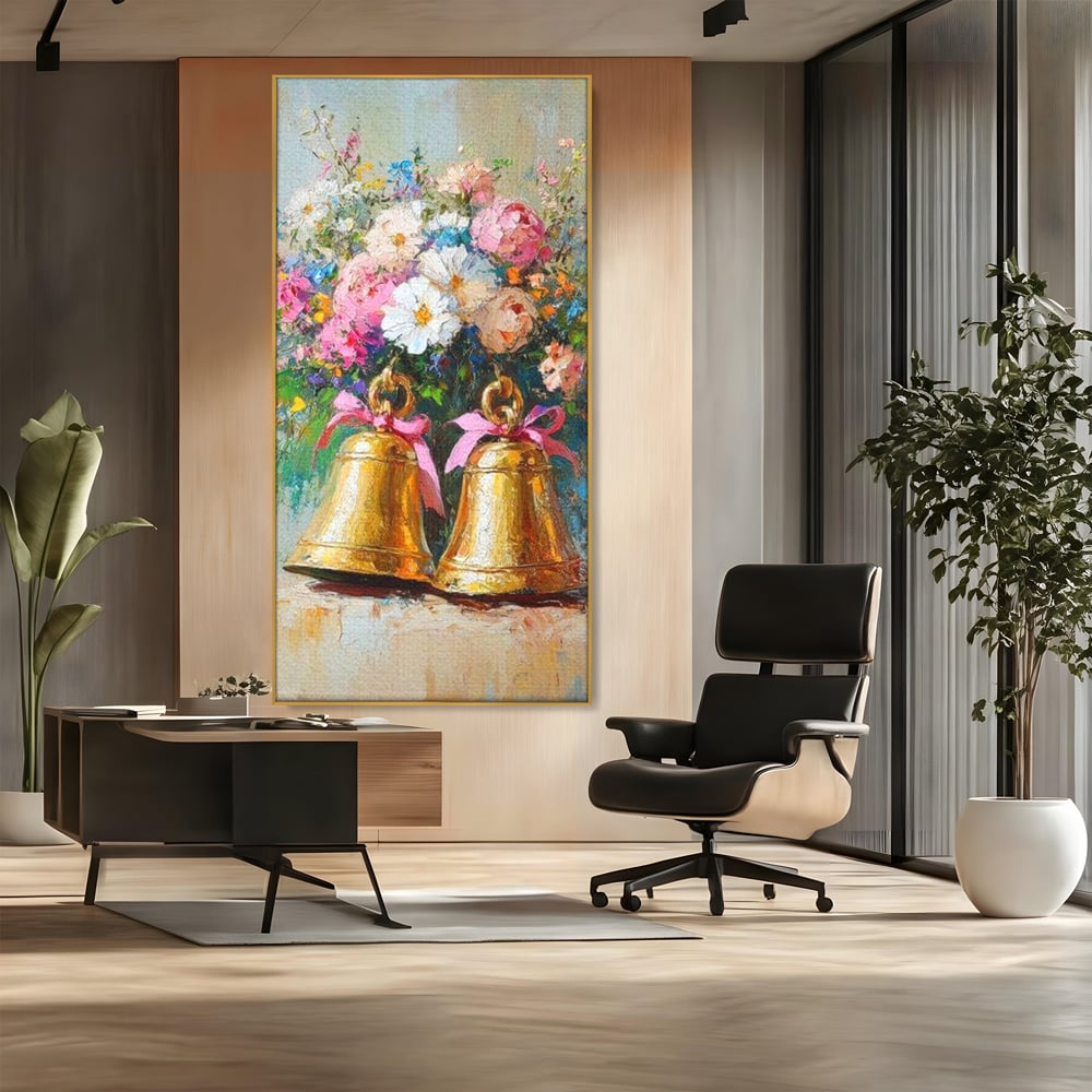 Tablou Canvas Premium LuxCanva® D1028, Clopotei Inflorati , Bujori, Clopotei, Aurii, Decoratiuni, Buchet, Living Room, Culori vibrante