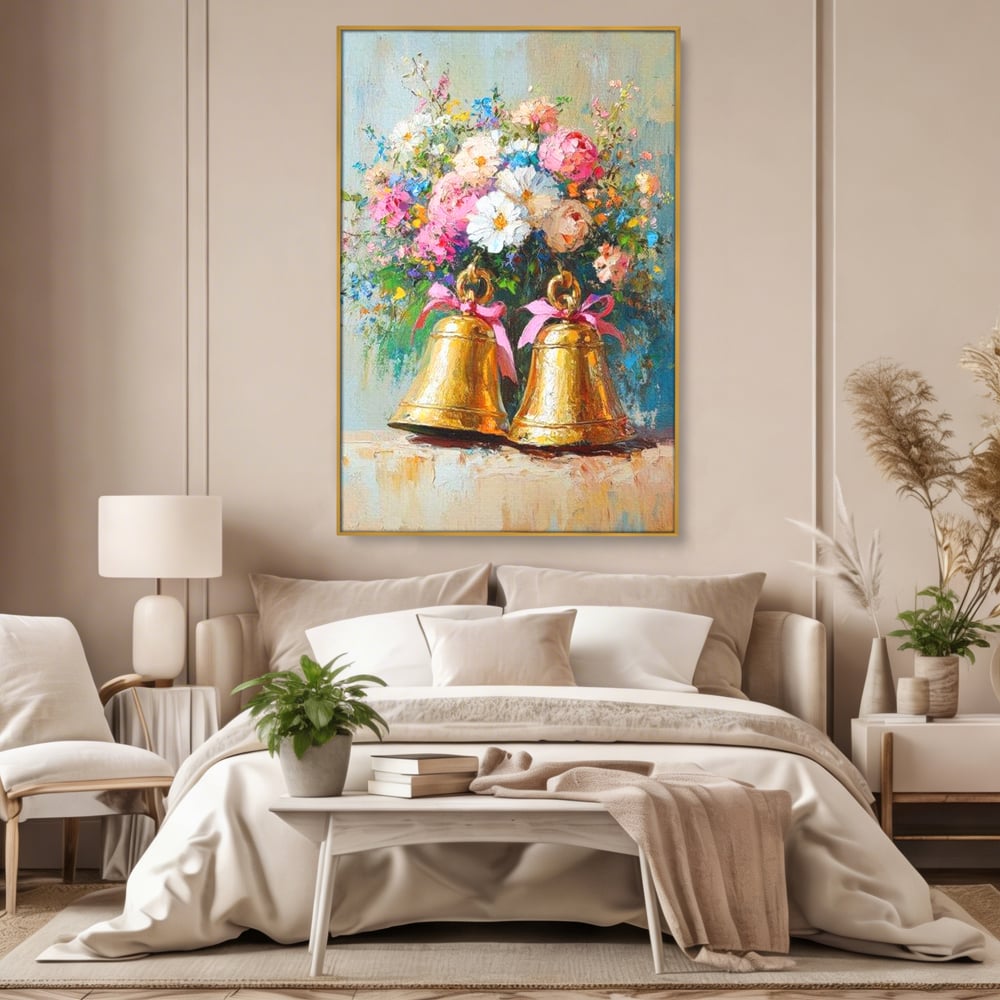 Tablou Canvas Premium LuxCanva® D1028, Clopotei Inflorati , Bujori, Clopotei, Aurii, Decoratiuni, Buchet, Living Room, Culori vibrante