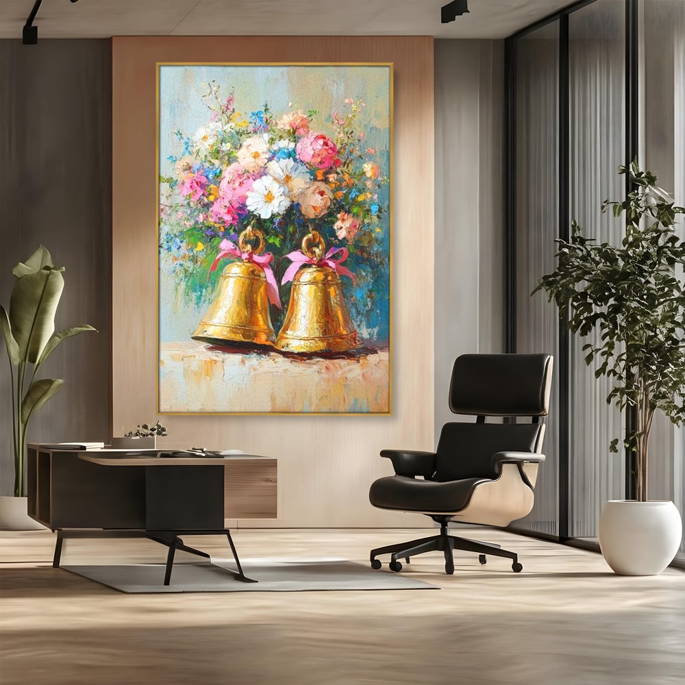 Tablou Canvas Premium LuxCanva® D1028, Clopotei Inflorati , Bujori, Clopotei, Aurii, Decoratiuni, Buchet, Living Room, Culori vibrante