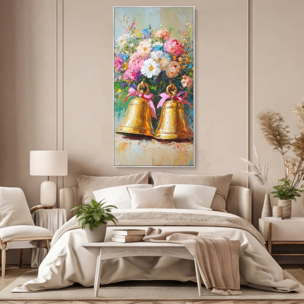 Tablou Canvas Premium LuxCanva® D1028, Clopotei Inflorati , Bujori, Clopotei, Aurii, Decoratiuni, Buchet, Living Room, Culori vibrante