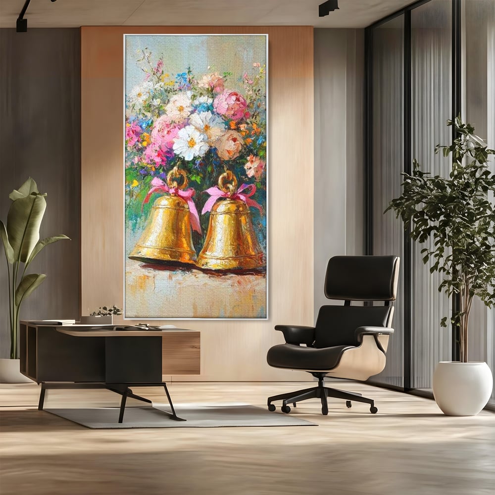 Tablou Canvas Premium LuxCanva® D1028, Clopotei Inflorati , Bujori, Clopotei, Aurii, Decoratiuni, Buchet, Living Room, Culori vibrante